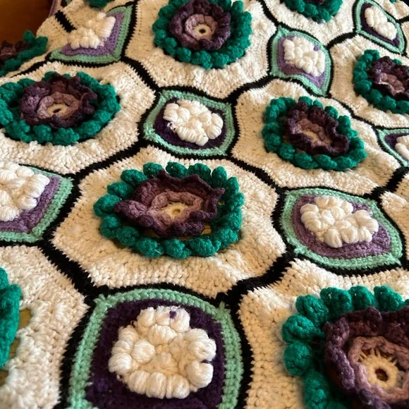 Handmade Crochet Blanket - Purple, Green, and White - Picture 4 of 6